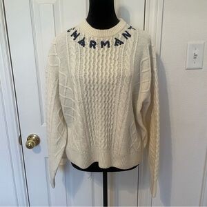 NWT Clare V Cream Cable Knit Sweater with Navy Neck Lettering
